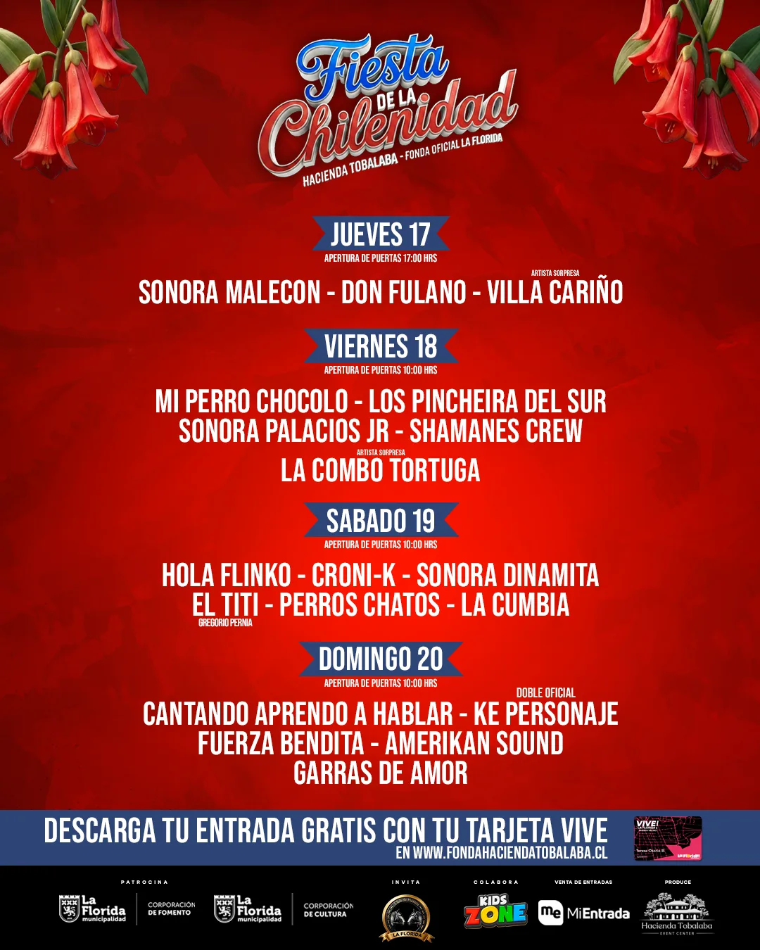 La Florida celebra el 18 con entrada gratis para vecinos y una gran fonda con Villa Cariño, Shamanes, Amérika´n Sound y Garras de Amor